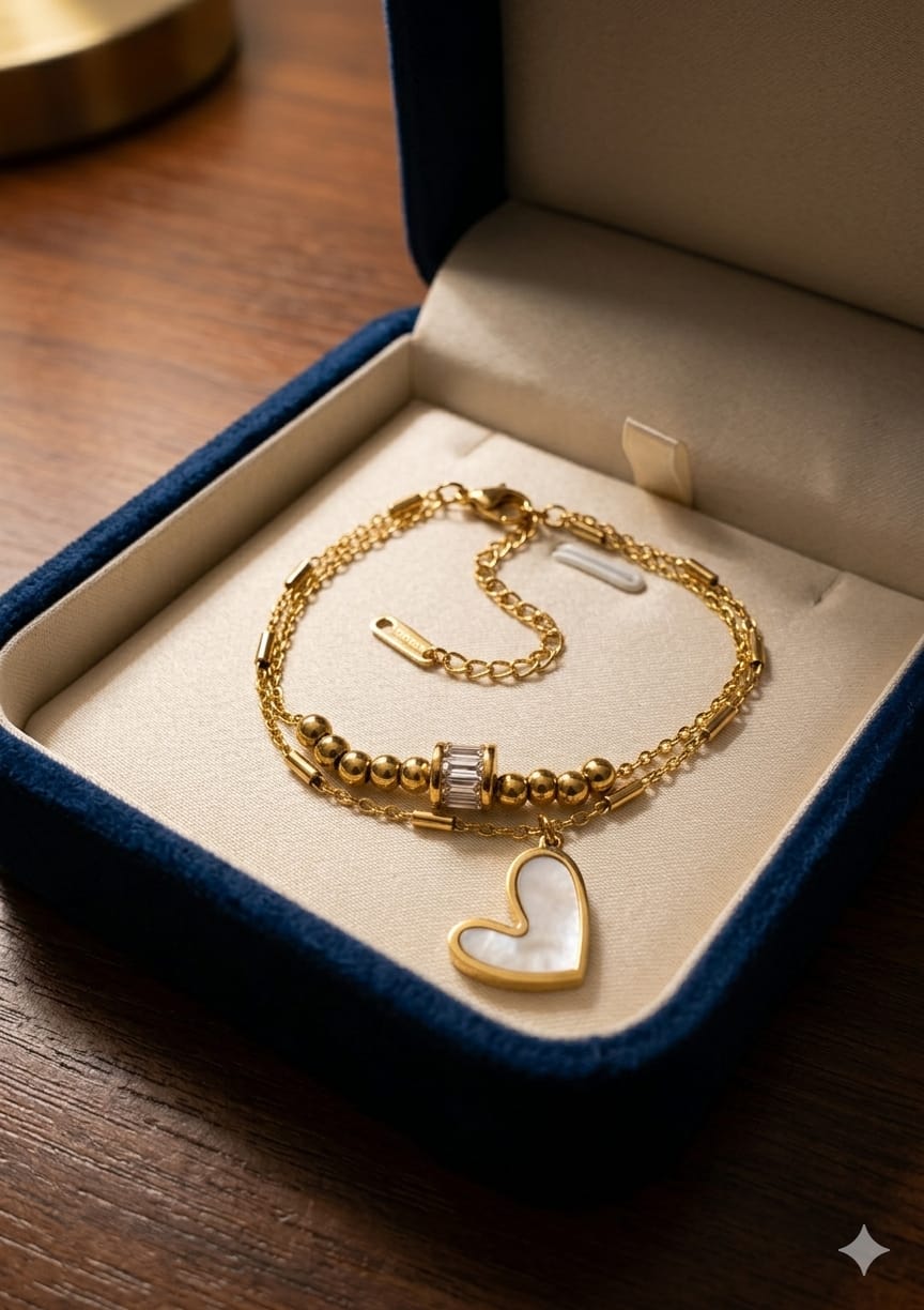 Double chain bracelets with enamel black/white heart, gold beads & crystal charm