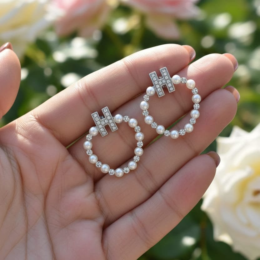 Luxury H Initial Pearl Hoop Earrings | Zircon Studded |