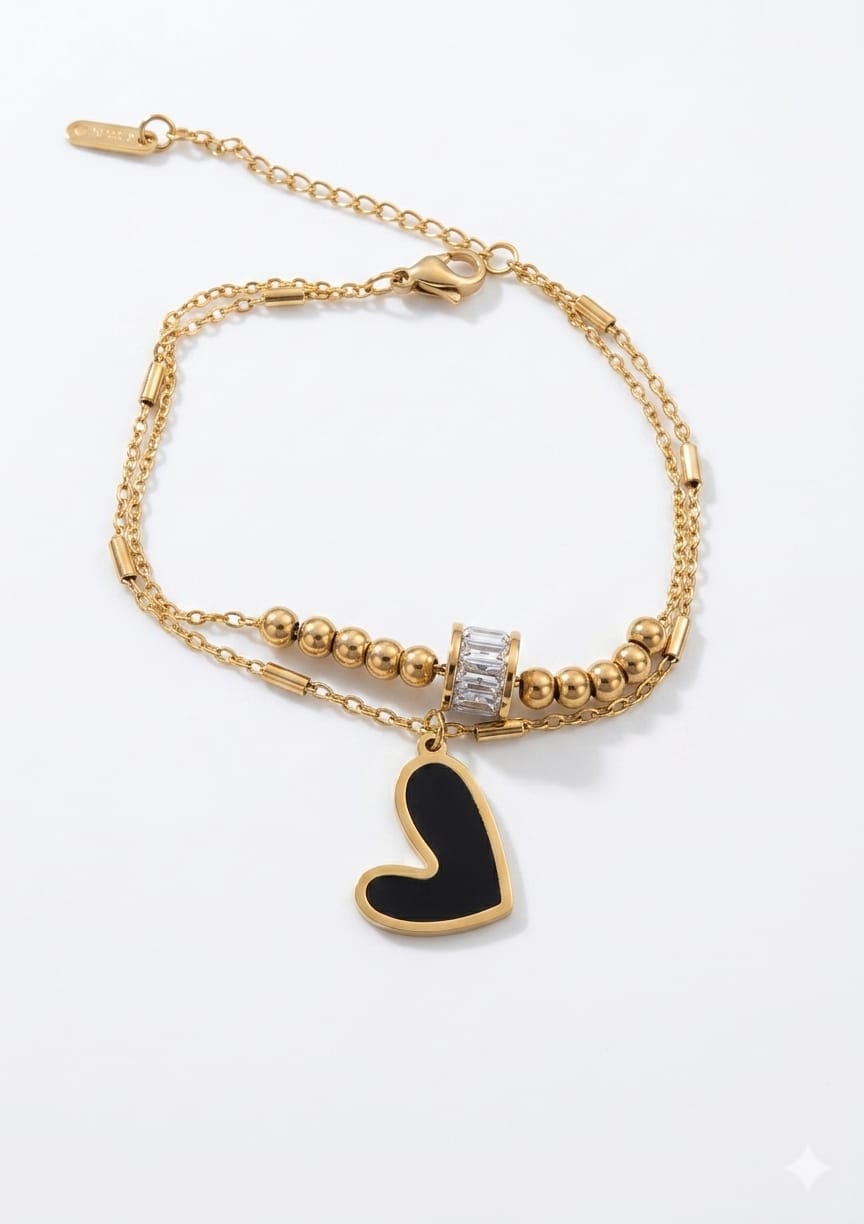 Double chain bracelets with enamel black/white heart, gold beads & crystal charm