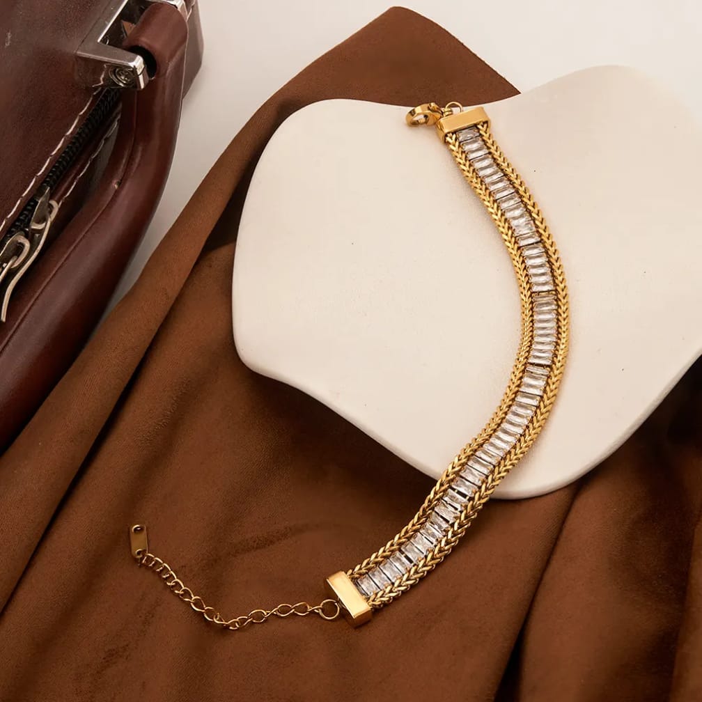 “Where chains meet brilliance ✨ This baguette bracelet is luxury you can wear daily"