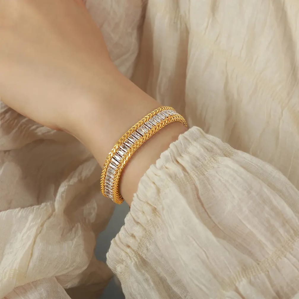 “Where chains meet brilliance ✨ This baguette bracelet is luxury you can wear daily"