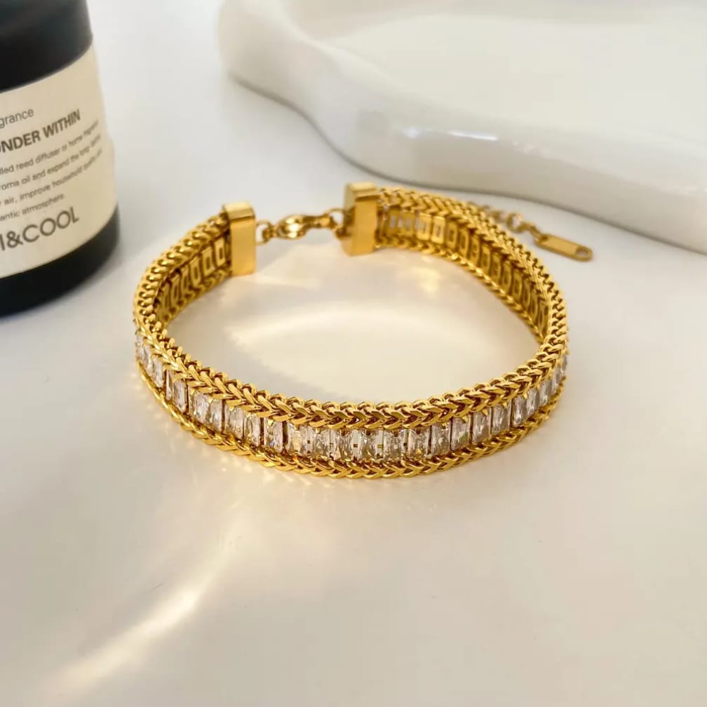 “Where chains meet brilliance ✨ This baguette bracelet is luxury you can wear daily"