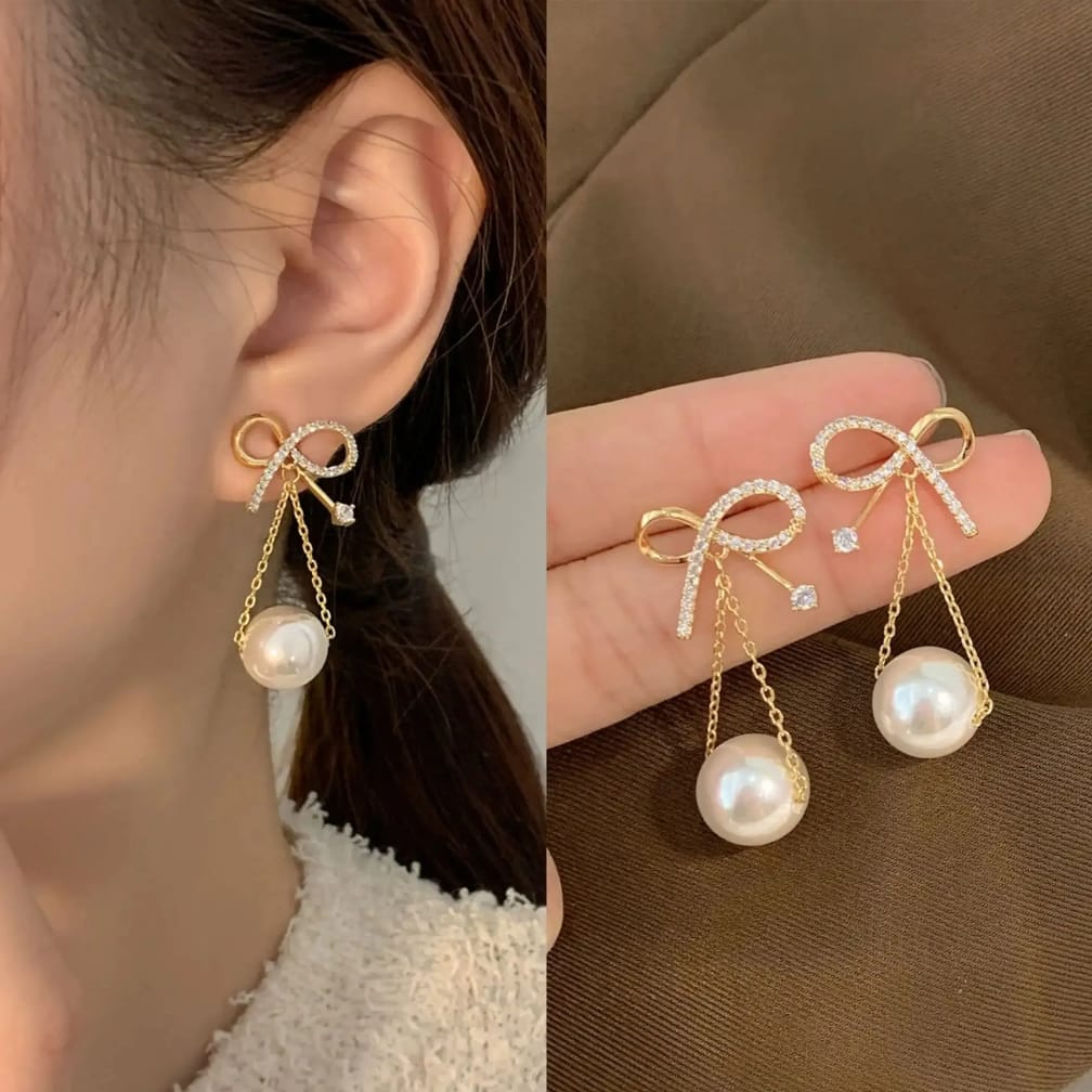 Trendy Bow Knot Earrings with Pearl – Perfect for Party & Casual Wear