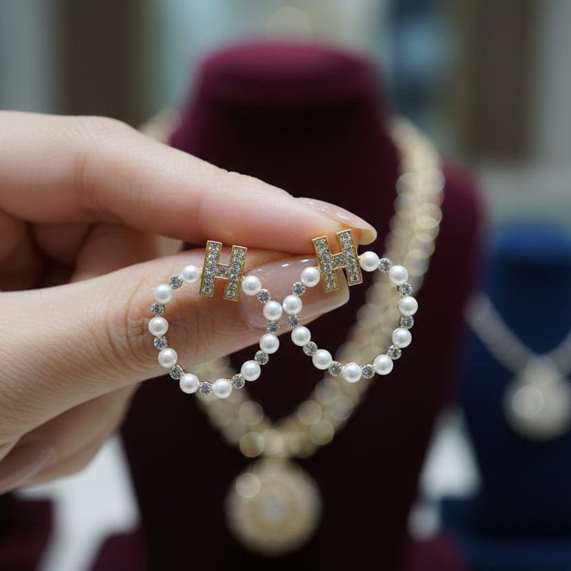 Luxury H Initial Pearl Hoop Earrings | Zircon Studded |